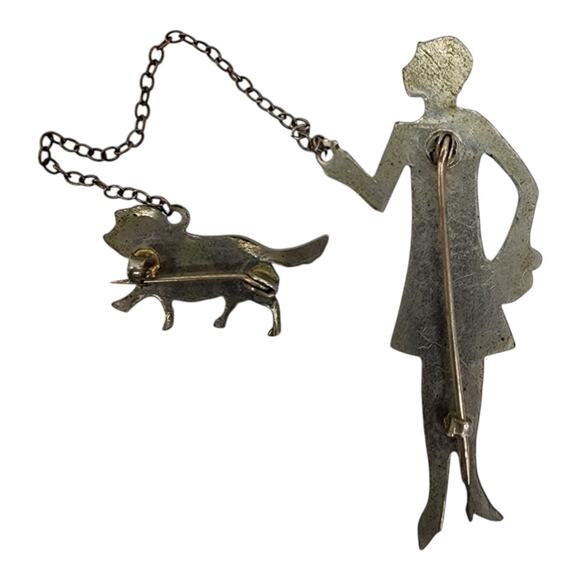 Art Deco Lady Walking Dog Brooch Lapel Pin Silver Tone Vogue Style 1920s Vintage - Picture 5 of 8